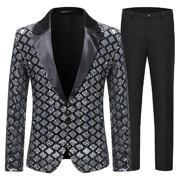 Men's Sequined Floral Dinner Party Prom Wedding Stylish Tuxedo Suits One Button Dinner Jacket Pants Set