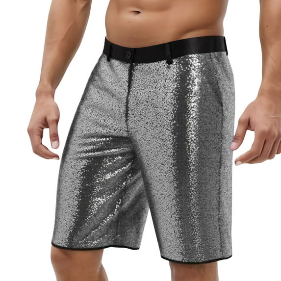 Men's Sequins Performance Shorts Shiny Glitter Stage Shorts for Concerts Sparkly Party 3 Inch Inseam Shorts for Shows,Silver,S