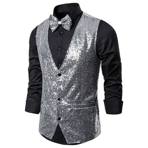 Men's Sequins Suit Vest Shiny Party Nightclub Sparkly Stylish Blazer Vest Waistcoat Suit Jackets Clubwear