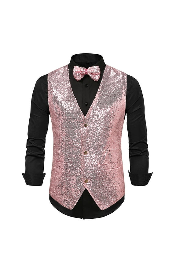 Men's Sequins Suit Vest - V-Neck Regular-Fit Dress Shiny Waistcoat Bowtie 2 Pieces for Wedding, Prom, Party