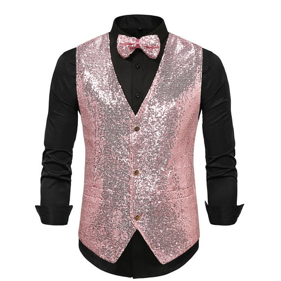 Men's Sequins Suit Vest - V-Neck Regular-Fit Dress Shiny Waistcoat Bowtie 2 Pieces for Wedding, Prom, Party