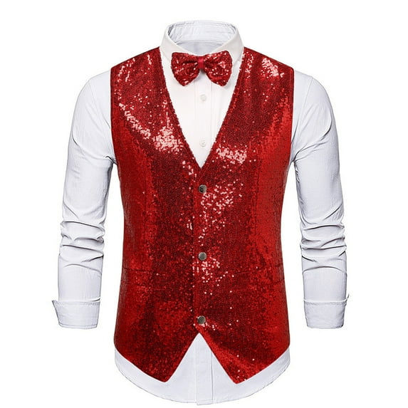 Men's Sequins Suit Vest - V-Neck Regular-Fit Dress Shiny Waistcoat Bowtie 2 Pieces for Wedding, Prom, Party