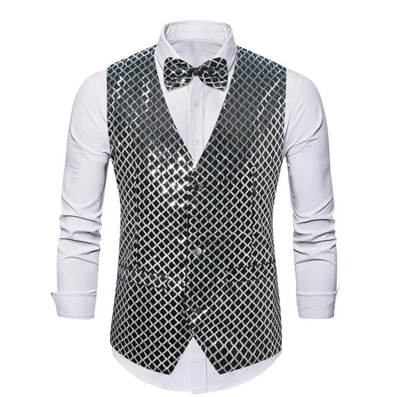 Men's Sequins Vest Slim Fit 3-Button Christmas Party Vest Shiny Dress Waistcoat for Wedding 80s 90s Prom Outfits (2XL, Silver 03)