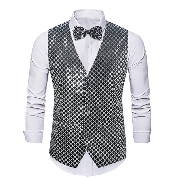 Men's Sequins Vest Slim Fit 3-Button Christmas Party Vest Shiny Dress Waistcoat for Wedding 80s 90s Prom Outfits (L, Silver 03)