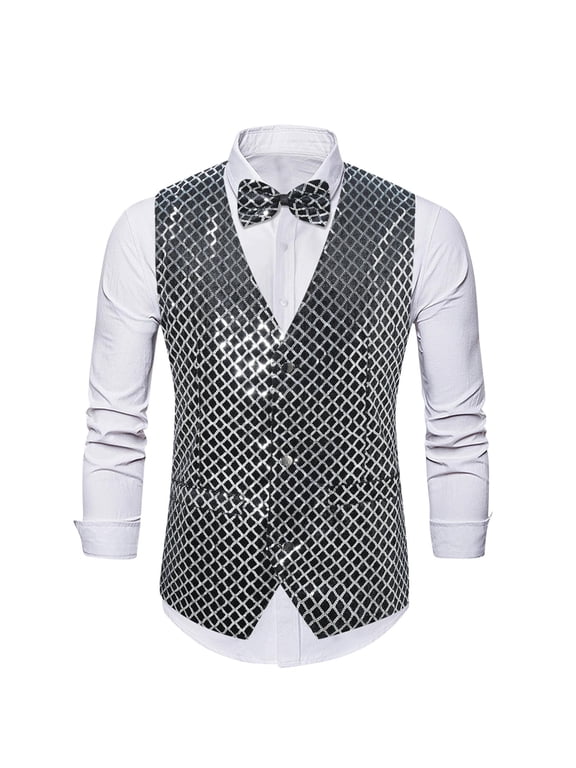 Men's Sequins Vest Slim Fit 3-Button Christmas Party Vest Shiny Dress Waistcoat for Wedding 80s 90s Prom Outfits (L, Silver 03)