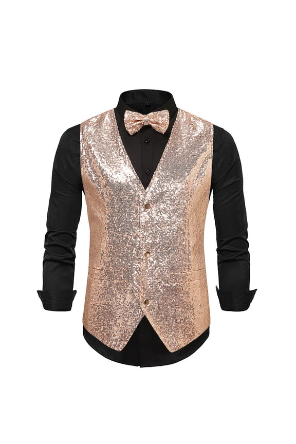 Men's Sequins Vest Slim Fit 3-Button Christmas Party Vest Shiny Dress Waistcoat for Wedding 80s 90s Prom Outfits (M, Champagne)