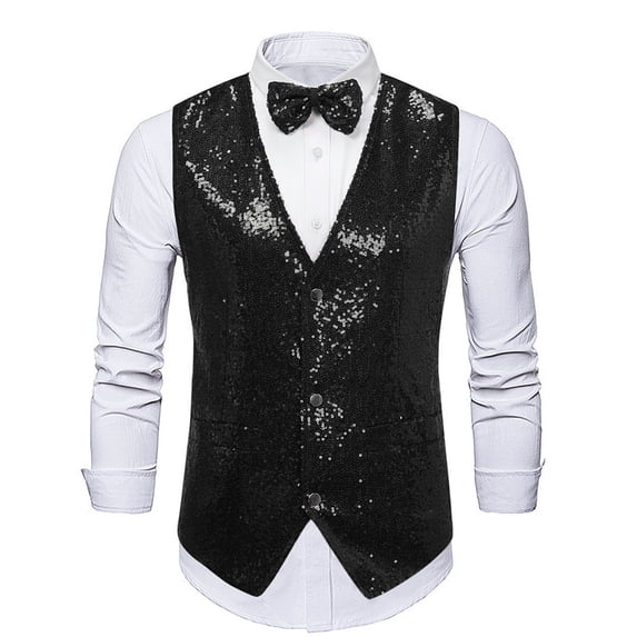 Men's Sequins Vest Slim Fit 3-Button Christmas Party Vest Shiny Dress Waistcoat for Wedding 80s 90s Prom Outfits (S, Black)