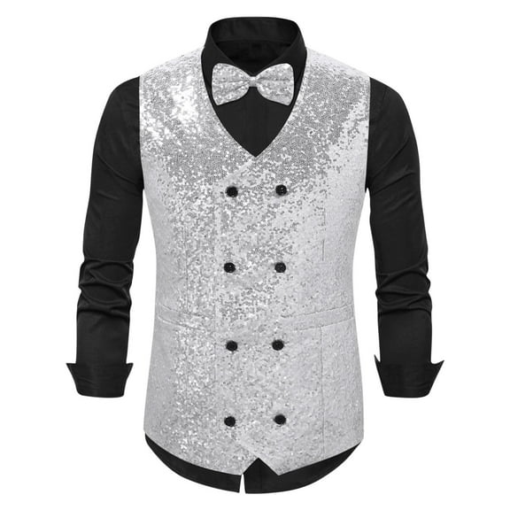 Men's Sequins Vest Slim Fit 3-Button Christmas Party Vest Shiny Dress Waistcoat for Wedding 80s 90s Prom Outfits (S, Silver 02)