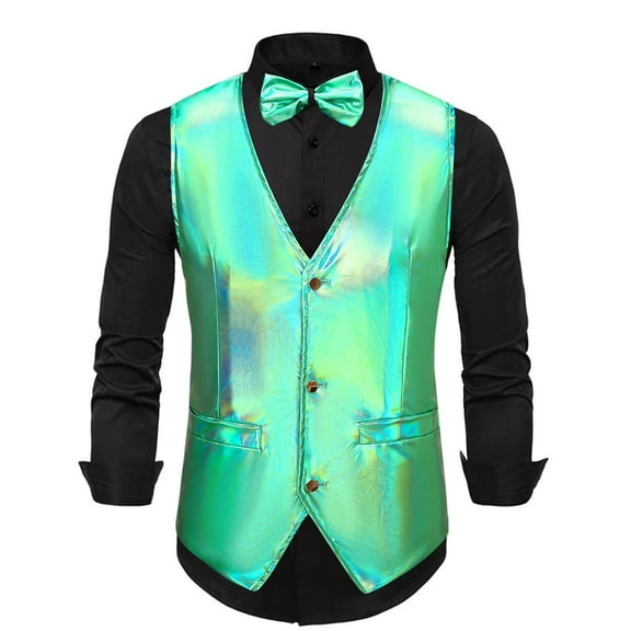 Men's Sequins Vest Slim Fit 3-Button Christmas Party Vest Shiny Dress Waistcoat for Wedding 80s 90s Prom Outfits (XL, Green 01)