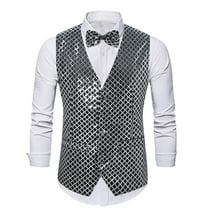 Men's Sequins Vest Slim Fit 3-Button Christmas Party Vest Shiny Dress Waistcoat for Wedding 80s 90s Prom Outfits (XL, Silver 03)