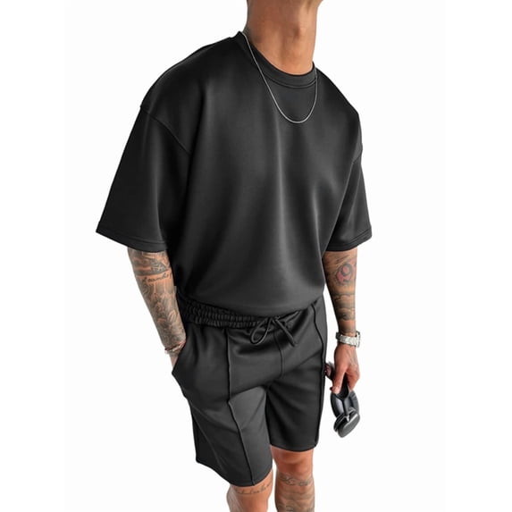 Men's Sets Crew Neck Set Pockets 2 Piece Shirt Shorts Outfit for Summer Black S