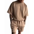 thumbnail image 1 of Men's Sets Crew Neck Set Pockets 2 Piece Shirt Shorts Outfit for Summer Khaki S, 1 of 7
