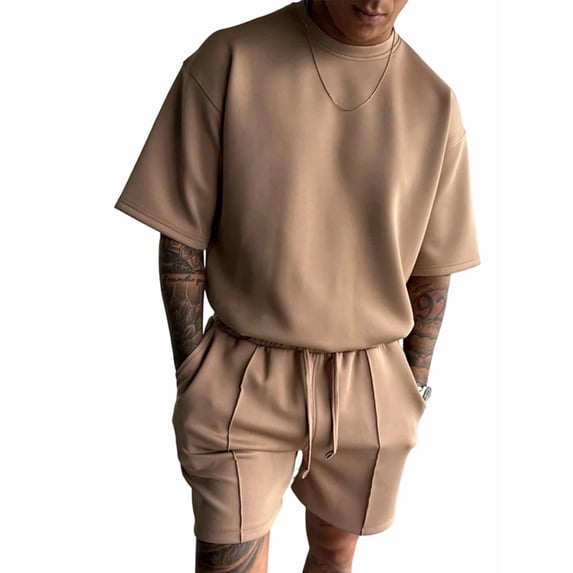 Men's Sets Crew Neck Set Pockets 2 Piece Shirt Shorts Outfit for Summer Khaki S