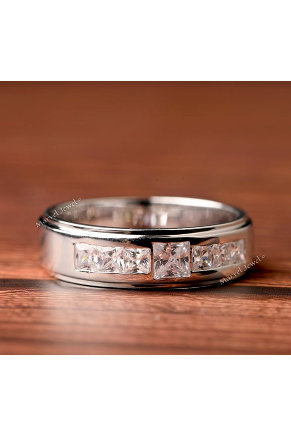 Men's Seven Stone Diamond Ring, Princess Cut Diamond Engagement Ring, Channel Set Diamond Ring, 2.1 Ct Simulated Diamond, 925 Sterling Silver, Father's Day Gift Ring