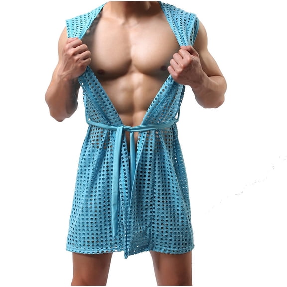Men's Sexy Hollow Hooded Sleeveless Robes Bathrobes Mesh See-Through Lingerie Sleepwear Pajamas