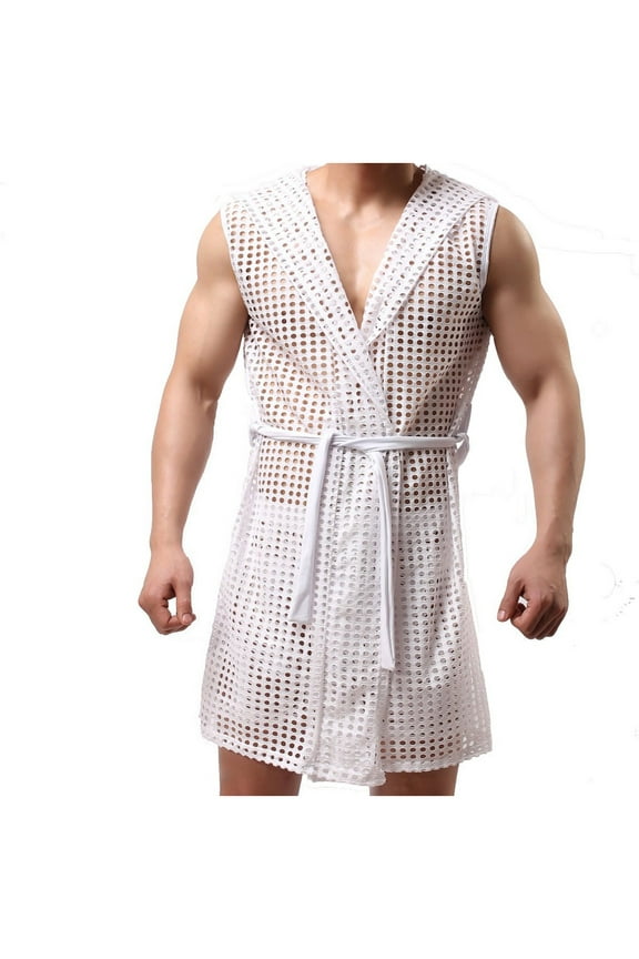 Men's Sexy Hollow Hooded Sleeveless Robes Bathrobes Mesh See-Through Lingerie Sleepwear Pajamas
