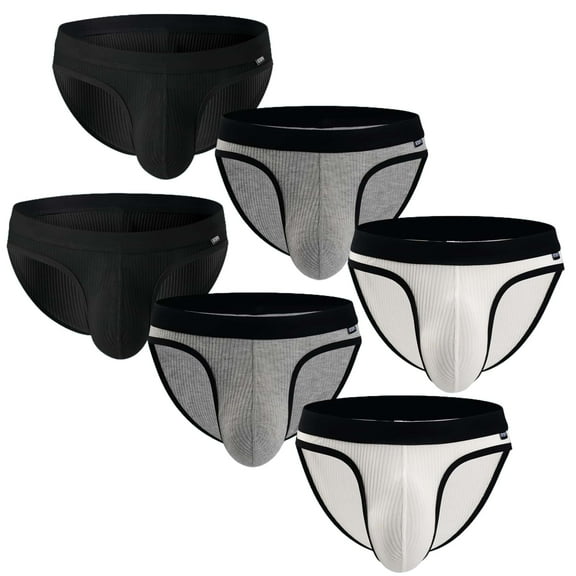 Men's Sexy Low-Rise Briefs Moisture-Wicking Ribbed Design for Active Wear, 6-Pack, Black Gray White, Size M