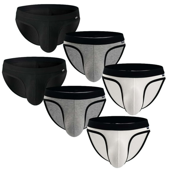 Men's Sexy Low-Rise Briefs Moisture-Wicking Ribbed Design for Active Wear, 6-Pack, Black Gray White, Size M
