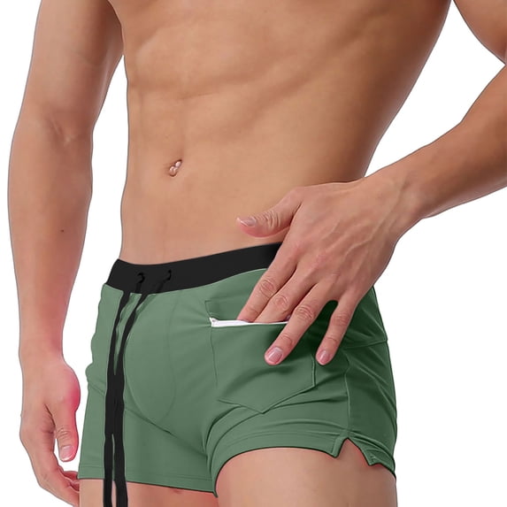Men's Sexy Swimming Trunks - Elastic Waist, Zipper Pockets, Side Slits - Quick Dry Nylon/Spandex Beach Surf Shorts