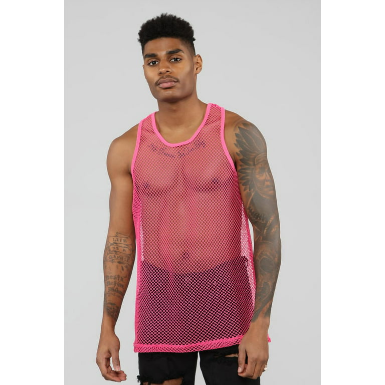 Binwwede Men's Sexy Tank Tops Fishnet Sheer T-shirts Muscle Vest Pullover See-Through Sleeveless Mesh Blouse Tops Casual Tanks Tee, Size: Medium, Pink
