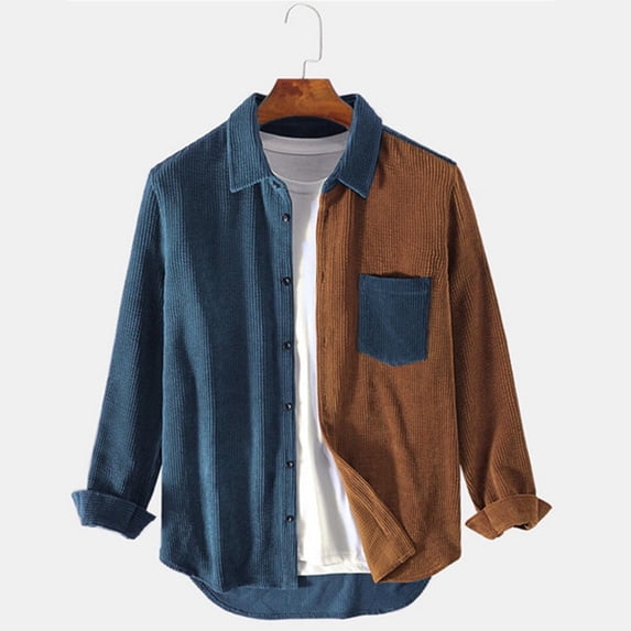 Men's Shacket Jacket Flannel Button Up Turndown Collar Overshirt Chest Pocket Button Navy L