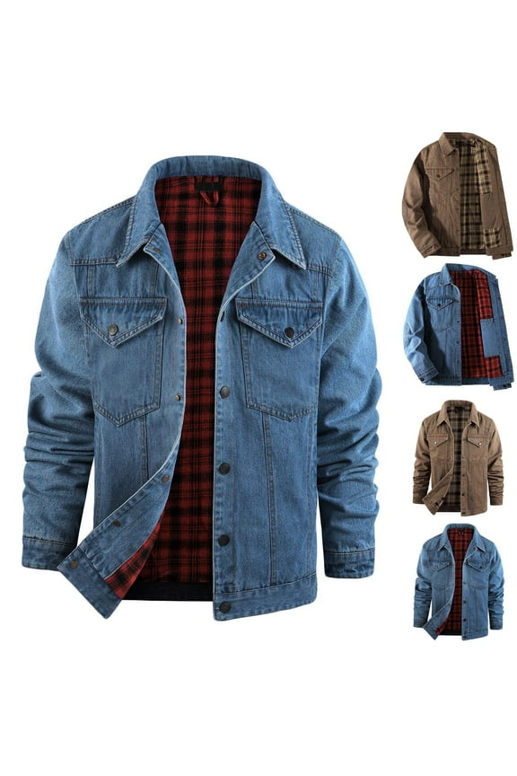 Men's Shacket Jacket Plaid Denim Long Sleeve Hoodless Fashion Coat Outwear