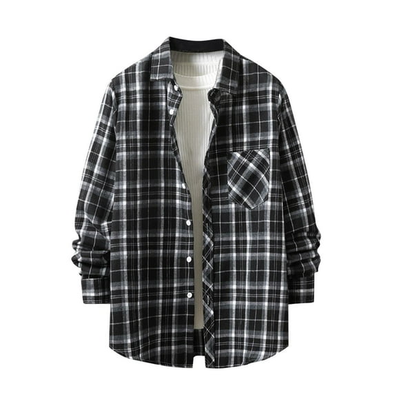 Men's Shacket Jacket Plaid New Loose Youth Long Sleeve Shirt Fashion Coat Outwear