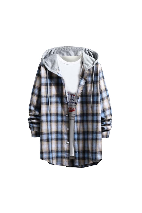 Men's Shacket Jacket Plaid Versatile Hoodie Basic Classic Scottish Hooded Shirt Long Sleeve Fashion Coat Outwear