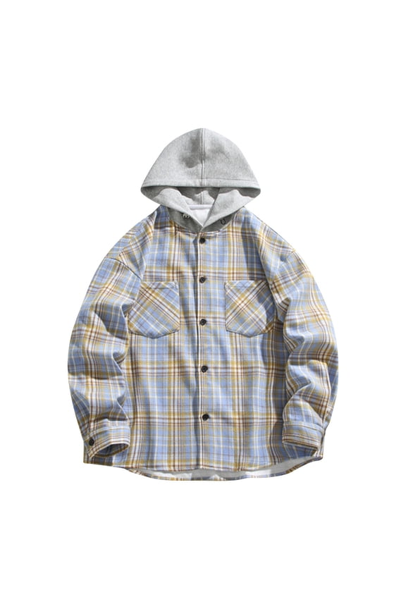 Men's Shacket Jacket Plaid Versatile Hoodie Basic Classic Scottish Hooded Shirt Long Sleeve Fashion Coat Outwear