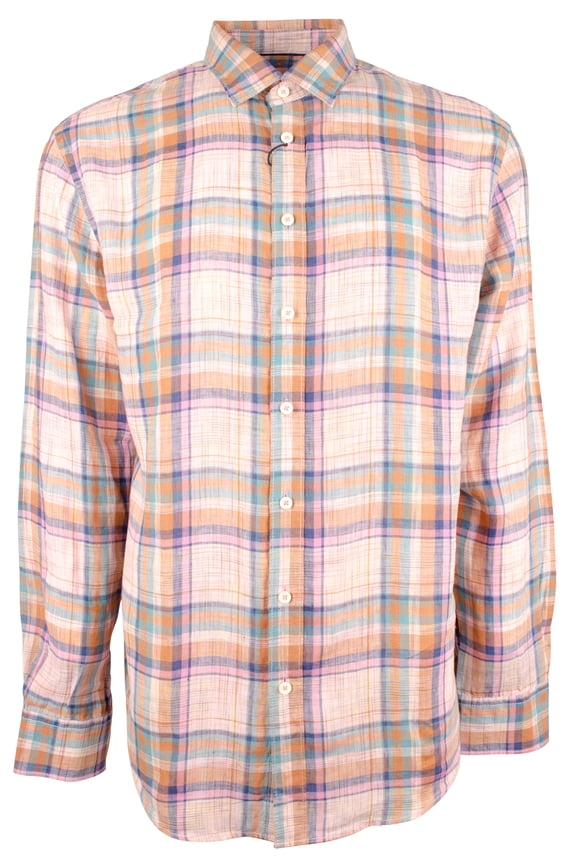 Men's Shaped Fit Plaid Fine Linen Long Sleeve Shirt Pnk Medium