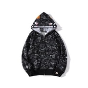Mens Shark Camo Full Zip Hoodie Double Hooded Streetwear Sweatshirt with Tiger Embroidered Patch