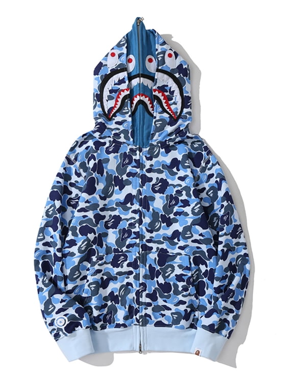 Men's Shark Camo Full Zip Hoodie Double Hooded Streetwear Sweatshirt with Tiger Embroidered Patch