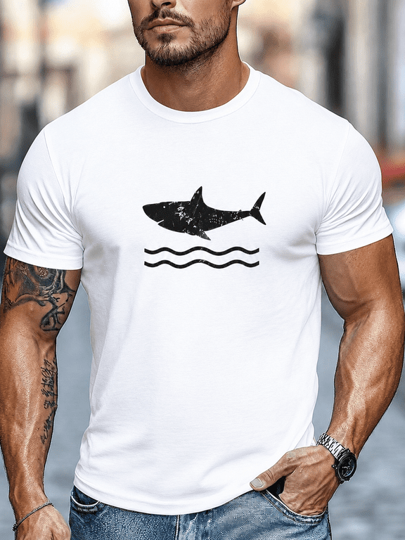 Men's Shark Graphic T-Shirt Casual Short Sleeve Crew Neck Summer Beach Tee White