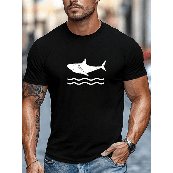 Men's Shark Graphic T-Shirt Casual Short Sleeve Crew Neck Summer Beach Tee White
