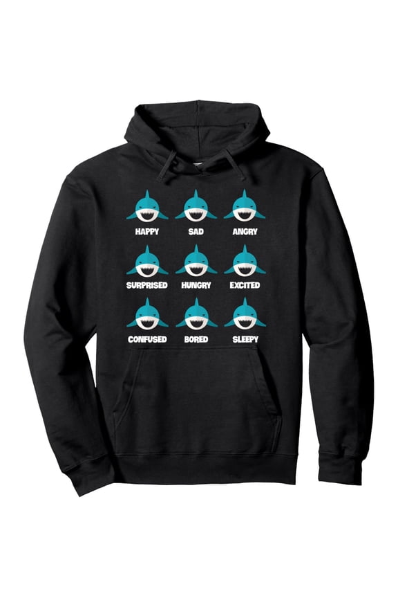 Men's Shark Mood Board Graphic Hoodie - Fun Emotion Tracker Pullover with Playful Cartoon Shark Faces, Black Cotton Blend Hooded Sweatshirt for Casual Wear