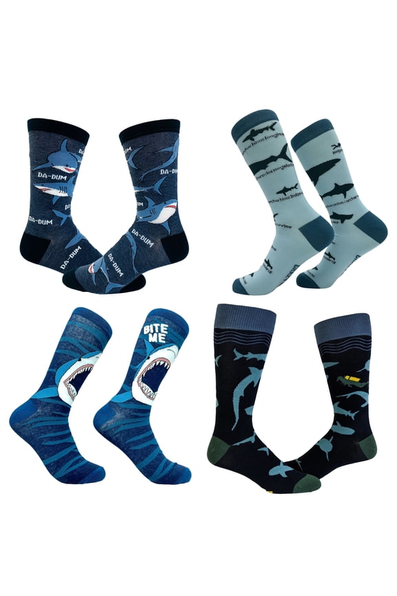 Men's Shark Socks Bundle (4 Pack) Funny Sarcastic Shark Week Graphic Footwear for Men