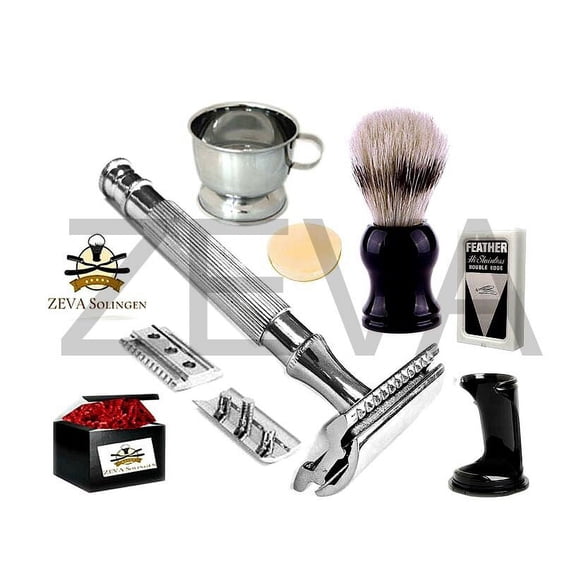 Men's Shaving Kit Set Heavy Duty Long Handled Safety Razor W/ Feather Blades