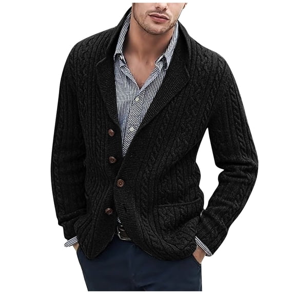 Men's Shawl Collar Cable Knit Cardigan Button Front Long Sleeve Sweater Jacket
