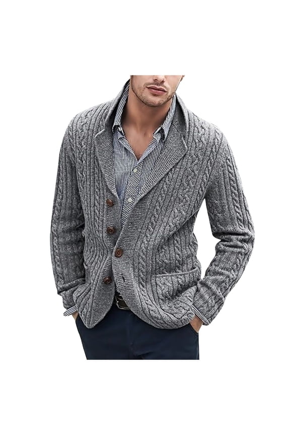 Men's Shawl Collar Cable Knit Cardigan Button Front Long Sleeve Sweater Jacket