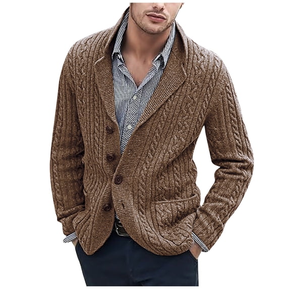 Men's Shawl Collar Cable Knit Cardigan Button Front Long Sleeve Sweater Jacket