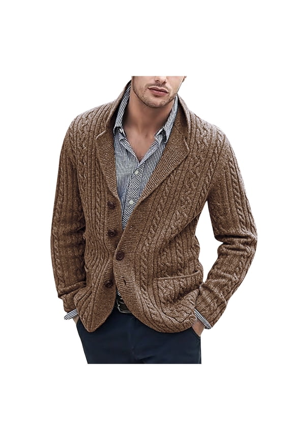 Men's Shawl Collar Cable Knit Cardigan Button Front Long Sleeve Sweater Jacket