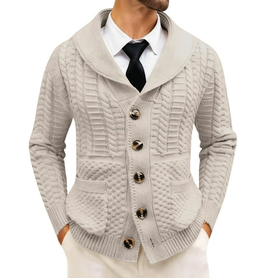 Men's Shawl Collar Cable Knit Cardigan Sweater Button Front Long Sleeve Jacket