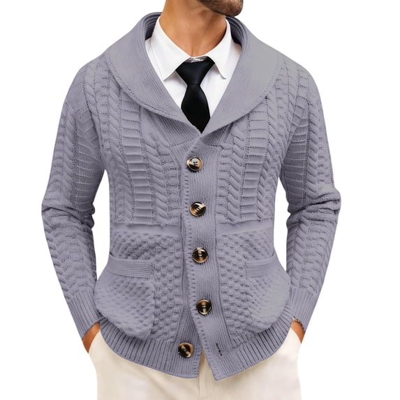 Men's Shawl Collar Cable Knit Cardigan Sweater Button Front Long Sleeve Jacket
