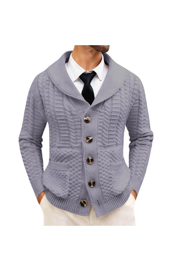 Men's Shawl Collar Cable Knit Cardigan Sweater Button Front Long Sleeve Jacket
