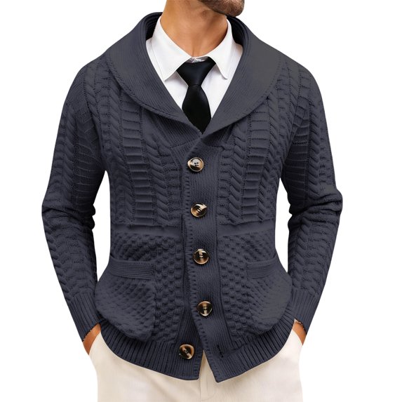 Men's Shawl Collar Cable Knit Cardigan Sweater Button Front Long Sleeve Jacket