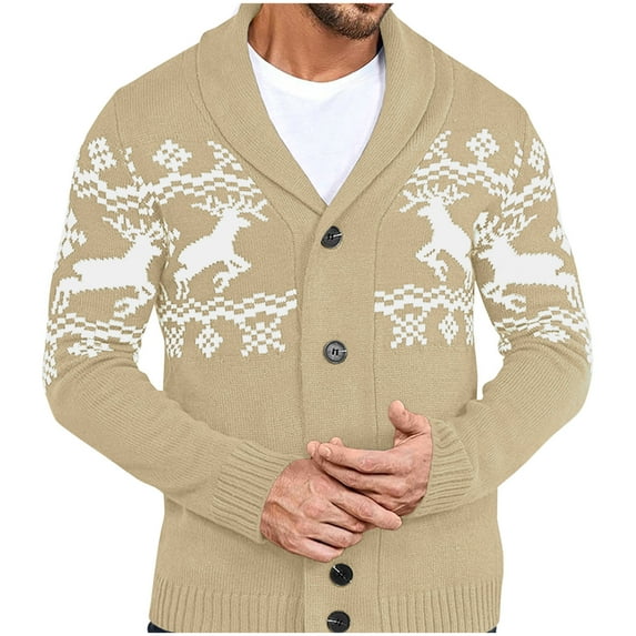 Men's Shawl Collar Cardigan Chunky Knit Long Sleeve Sweaters Holiday Gifts with Button Up Christmas Swaeter Beige XL