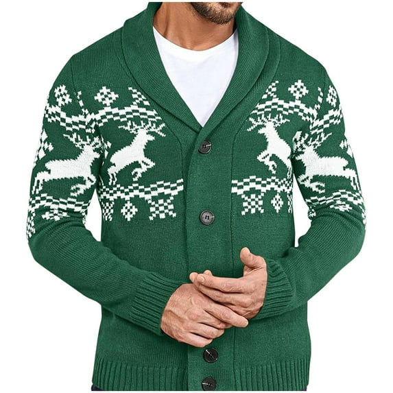 Men's Shawl Collar Cardigan Chunky Knit Long Sleeve Sweaters Holiday Gifts with Button Up Christmas Swaeter Green XL