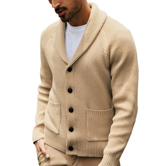 Men's Shawl Collar Cardigan Knitted Textured Sweater Button-Up Cardigan