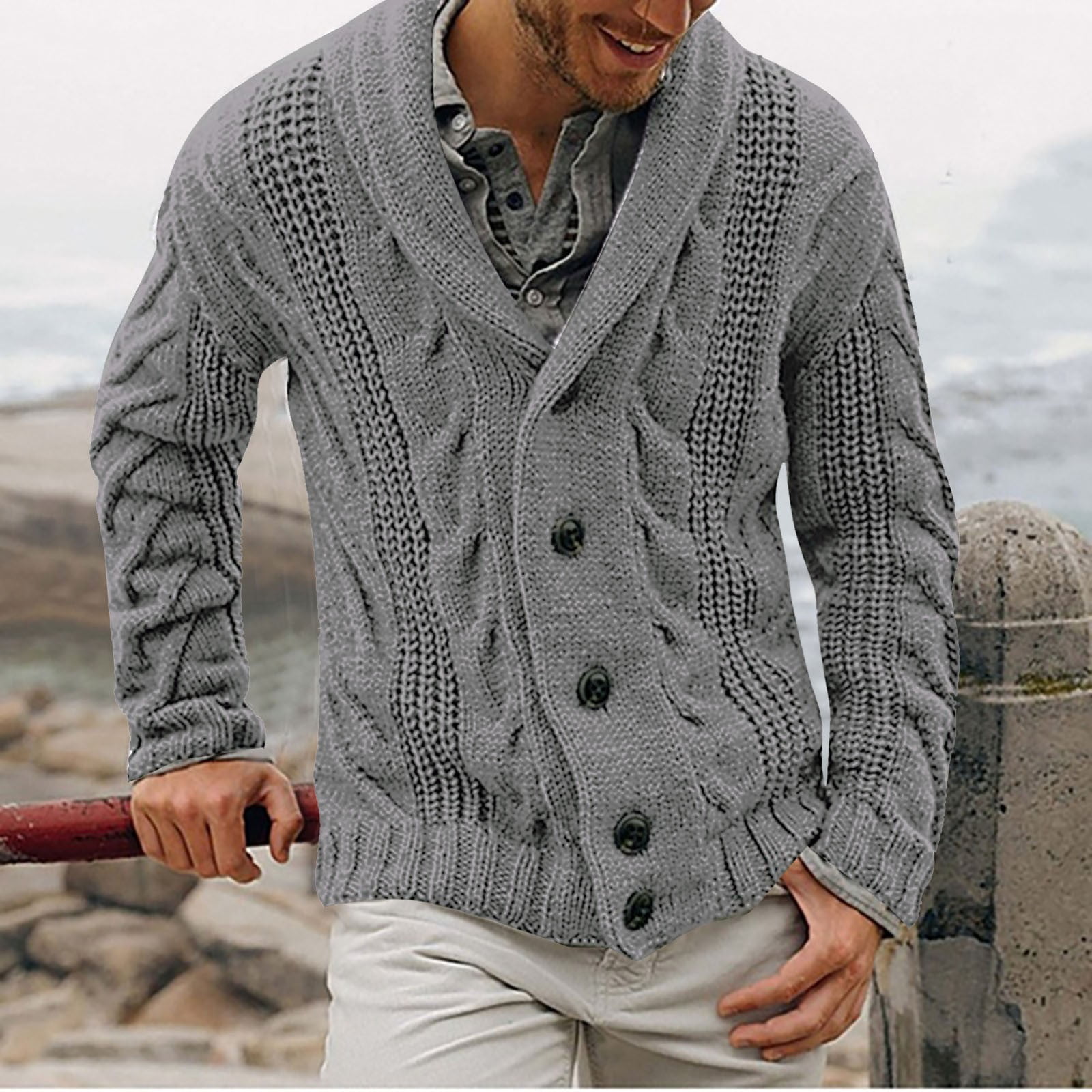 Men's Shawl Collar Cardigan Sweater Button Front Solid Casual Long Sleeve  Knitwear