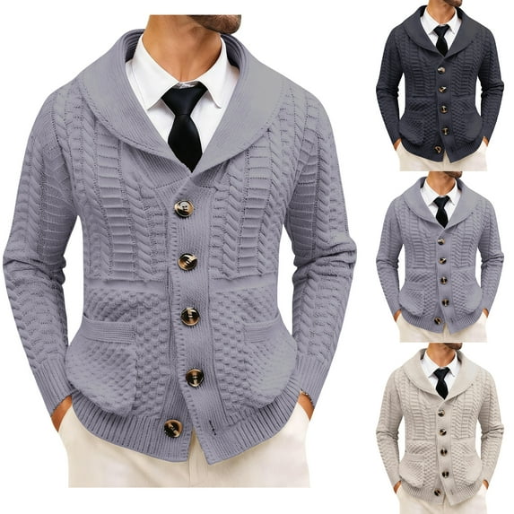 Men's Shawl Collar Cardigan Sweater Cable Knit Button Down Long Sleeve for Casual and Office Wear, Perfect for Winter and Christmas,Light Gray,M